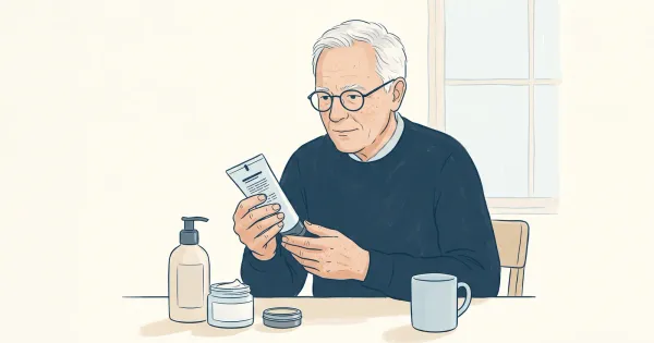 Illustration of an older man in reading glasses studying the back of a moisturizer tube, with a lotion, cream, and ointment on the table