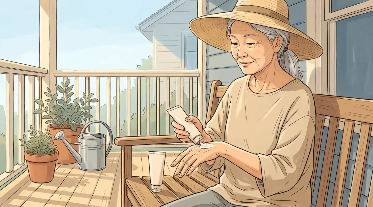 Illustration of an older woman applying moisturizer to her hands on a sunny porch