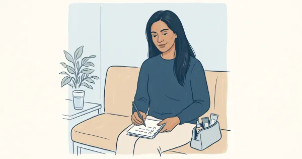 Illustration of a woman in a clinic waiting room writing questions in a notebook, with her skincare products in a bag beside her